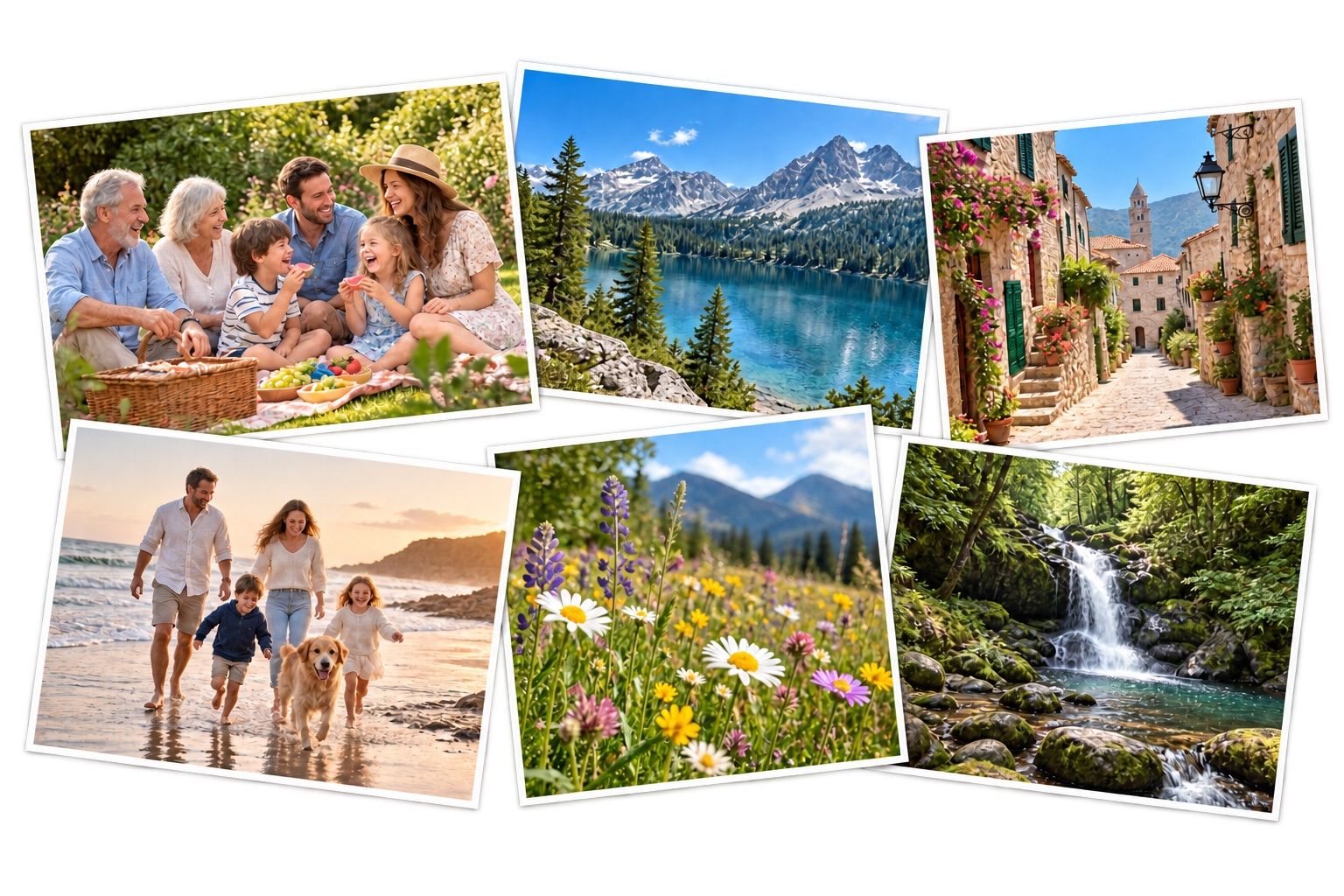 A Quimio collage: a family picnic, mountains, a holiday street, a beach, flowers and a forest stream.